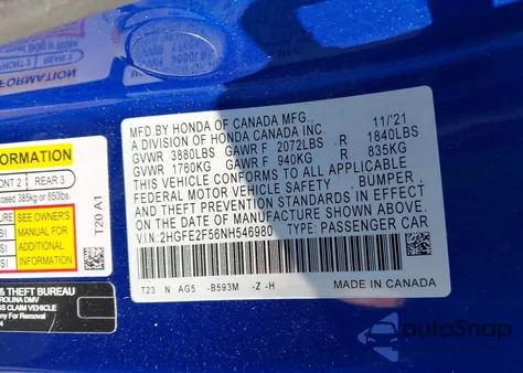 2022 Honda Civic Sport from USA, damaged, VIN 2HGFE2F56NH546980